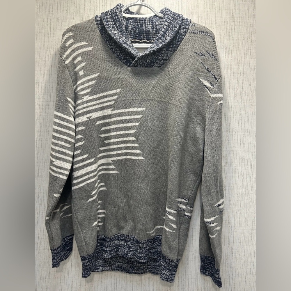Sun + Stone Gray and White Native Shawl‎ Neck Cotton Sweater